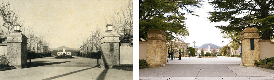 （左）【1929年】上ケ原キャンパス開設、（右）【2014年】創立125周年