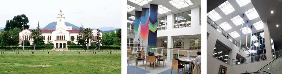 （左）壊れたシンメトリー景観、（中央、右）第15回日本図書館協会建築賞受賞