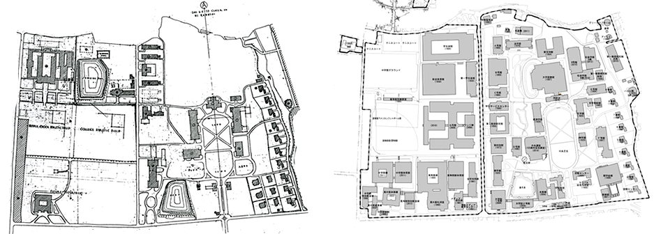 （左）【1929年】上ケ原キャンパス開設、（右）【2014年】創立125周年