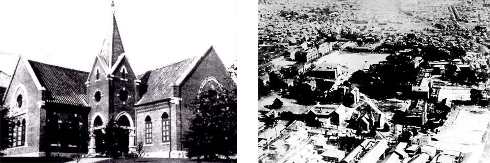 ＜左＞ブランチ・メモリアル・チャペル（現在の神戸文学館）、＜右＞旧原田キャンパス