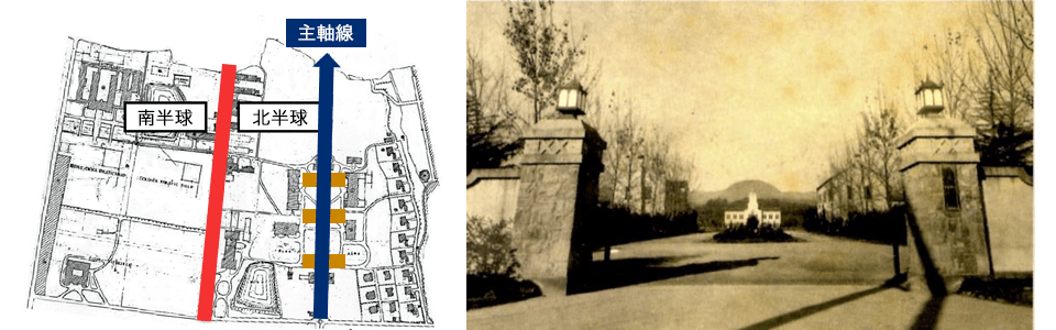 ＜左＞1929年開設時の西宮上ケ原キャンパス全体図（23.1ha）軸線構成、＜右＞甲山に向かう中心軸