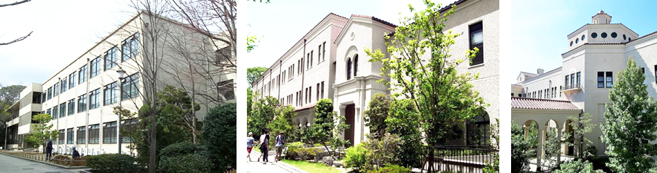 （左）旧社会学部、（中央）新社会学部＋コモンズ、（右）人間福祉学部・国際学部