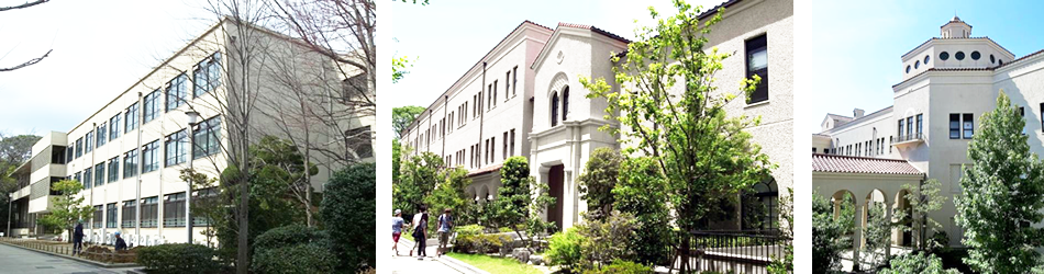 (左)旧社会学部、(中央)新社会学部+コモンズ、(右)人間福祉学部・国際学部