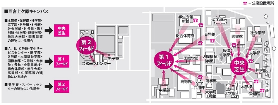 避難場所案内図(西宮上ケ原キャンパス)