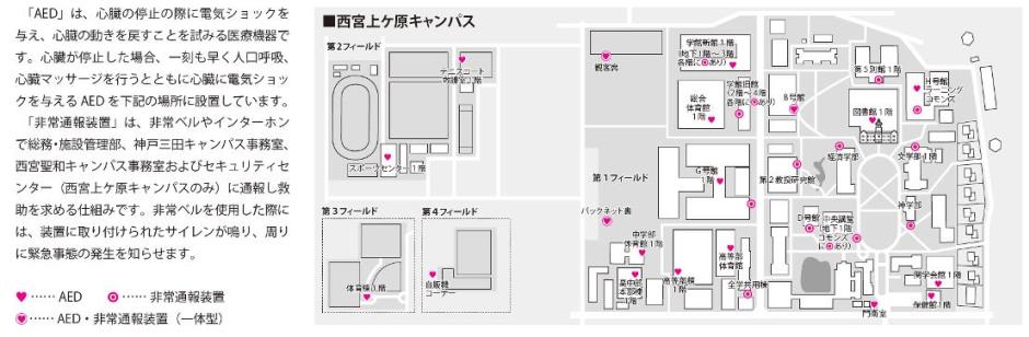 AEDおよび学内非常通報装置等設置場所(西宮上ケ原キャンパス)