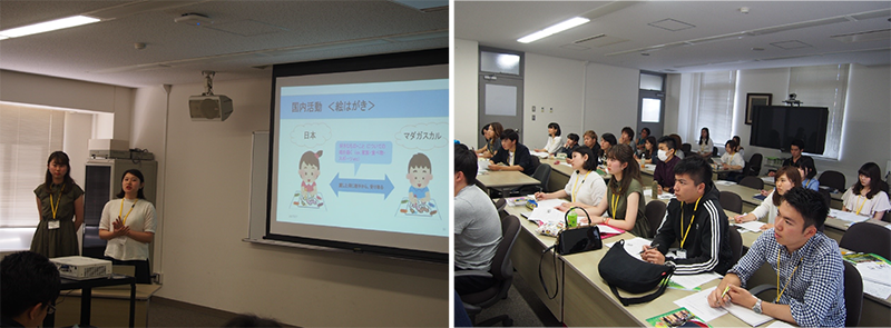 左:報告を行う牧野さん(写真右) 右:真剣に報告に聞き入る参加者達