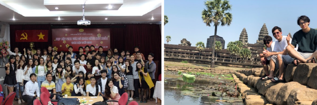 現地大学生との交流会（左）インターン生とのカンボジア旅行（右）