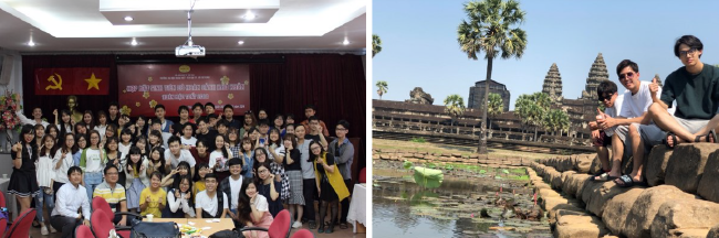現地大学生との交流会(左)インターン生とのカンボジア旅行(右)