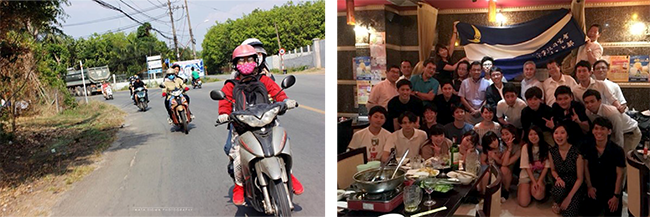 バイクでクチトンネルへ(左)新月会(右)