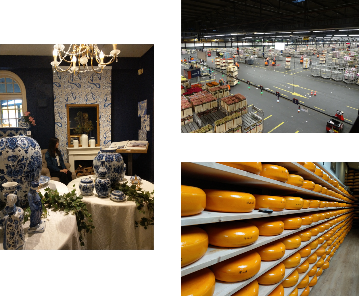 (左)ロイヤルデルフト　(右上)花市場　(右下)チーズ工房