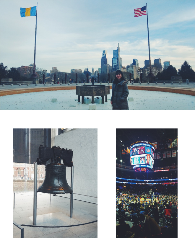 (上)フィラデルフィア美術館からみたフィラデルフィアの街　　　(左下)自由の鐘　　　(右下)NBA