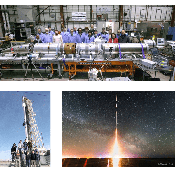 (図2)CIBERロケット実験の観測装置外観と打上げの様子