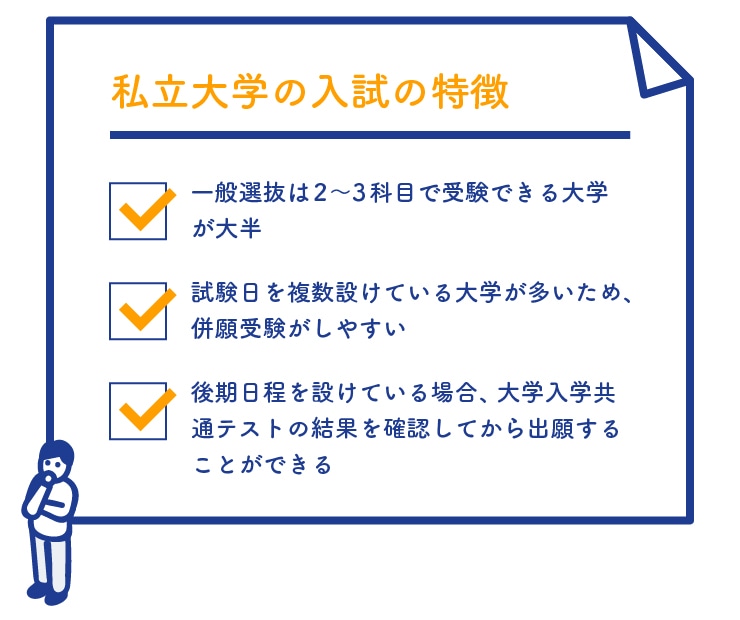 【私立大学の入試の特徴】一般選抜は2〜3科目で受験できる大学が大半・試験日を複数設けている大学が多いため、併願受験がしやすい・後期日程を設けている場合、大学入学共通テストの結果を確認してから出願することができる