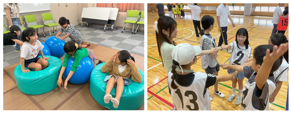 右:休憩タイム 左:体育館でのおたのしみ会 人間知恵の輪