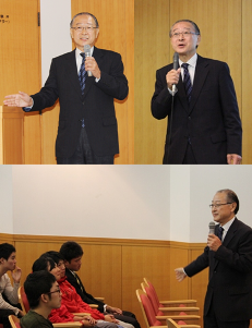講演会の様子(学生に話かける藤井氏)